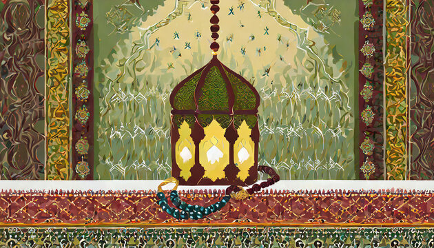 Ramadan ornamental background of mabuya, rug and prayer beads, wallpaper