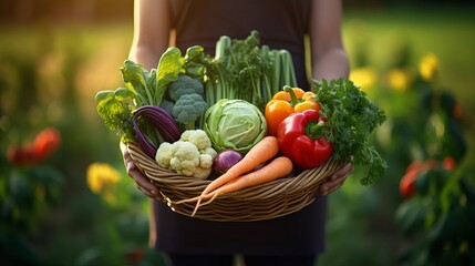 Basket with vegetables (cabbage, carrots, cucumbers, radish and peppers) in the hands of a farmer background of nature Concept of biological, bio products, bio ecology, grown by yourself, vegetarians