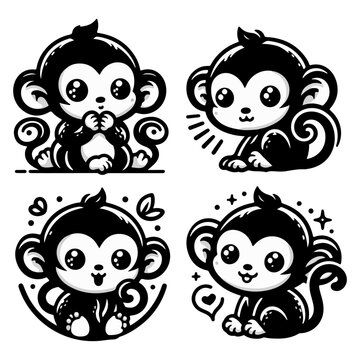 Cute monkey collection - black monkey, happy monkey, baby monkey - vector illustrations