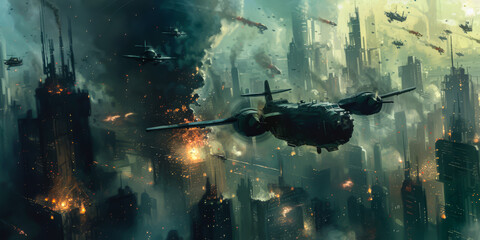 a tank aircraft carrying bombs flying over the city in a epic battle