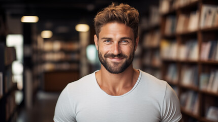 Obraz premium Attractive man in a bookstore, school library. Training, education, self-development 