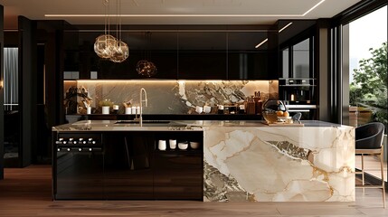 a luxury kitchen with high gloss black cabinets and marble waterfall island, exuding drama and elegance
