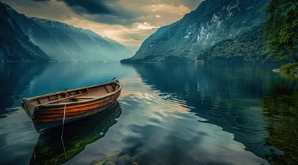 Fototapete Nordeuropa boat on a lake near mountains