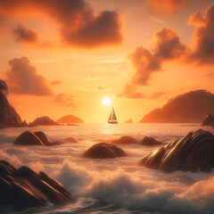 Fototapeta na wymiar ocean during sunrise waves and rocks