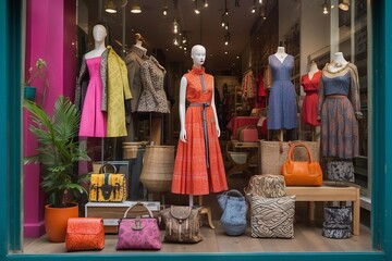 Naklejka premium A beautiful bright multicolored showcase of a women's clothing store. White mannequins wearing different clothes, accessories, bags in the shop window. Shopping, interior designer concepts.