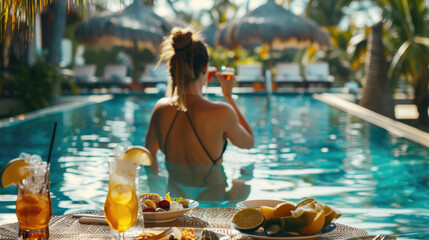 woman on swimming pool in luxurious tropical resort with have various food and drinks on table