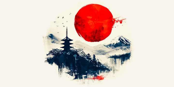 Illustration of a oriental culture in an ink circle with red sun