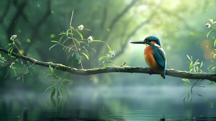 Common kingfisher sits on willow branch with fresh green, Hesse, Germany - obrazy, fototapety, plakaty