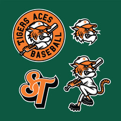 Tiger Mascot Object Baseball Club Sport Set in Vintage Hand Drawn Design