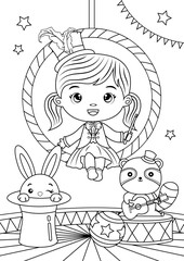 Coloring page outline of acrobat girl sitting on the hoop and circus animals
