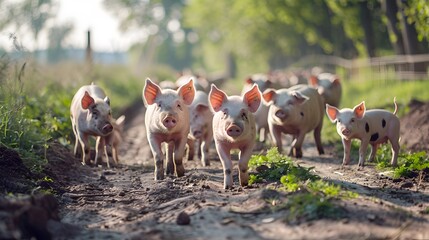 Ecological pigs and piglets at the domestic farm, Pigs at factory - obrazy, fototapety, plakaty