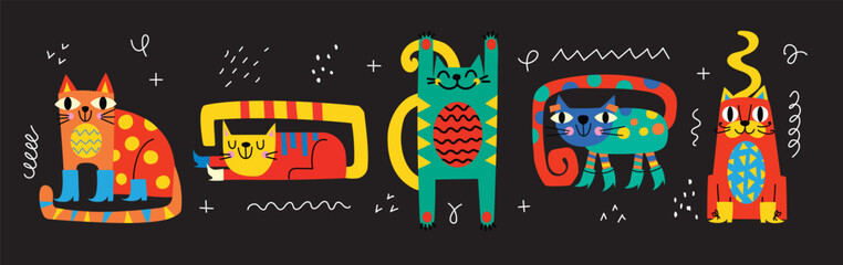 Collection with cute cats, decorative abstract illustrations with colorful doodles, geometric shapes. Hand drawn modern illustration with cats, abstract elements