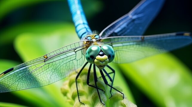 Cool funny macro image of a dragonfly on a leaf. Natural background and close up portrait of dragonfly with big eyes