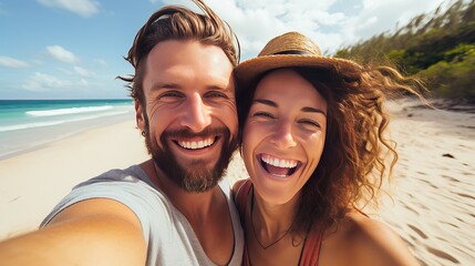Couple on summer tropical vacation taking selfie photo on the beach. Man and woman on Mexico caribbean travel