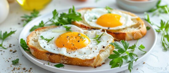 Fototapeta na wymiar Savoring Simplicity. Plate with Two Slices of Fried Bread Topped with a Sunny-Side-Up Egg.
