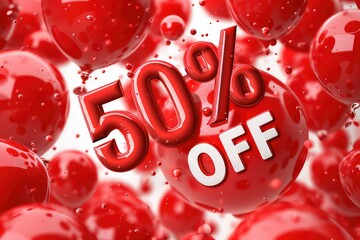 Retail Sale Promotion with Red Balloons Reading 50 Percent Off in a Shopping Mall Setting
