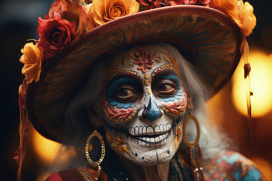 Elderly woman wearing a black hat and skull face paint, giving a striking and eerie appearance
