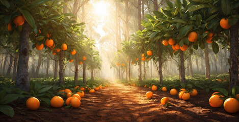 view of an orange plantation, with a road in the middle and sunlight filtering through the...