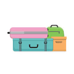 Color plastic travel bag with different travel elements vector illustration. Travel concept