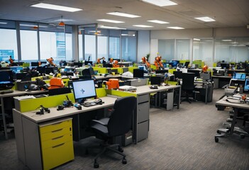 an office full of robots, interior of warehouse