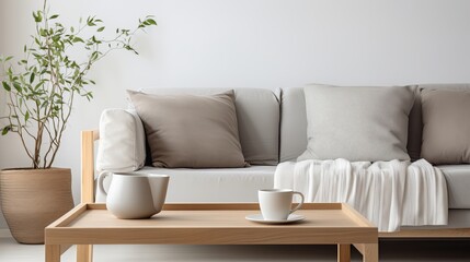 Cup on a wooden coffee table and blurry background with graphic pillows on a gray sofa in a white living room interior