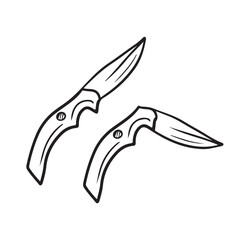 Set of folding knifes as a camping tourist equipment in black isolated on white . Hand drawn vector sketch illustration in doodle engraved vintage style. Tool for cooking, hunting, sharp blade.