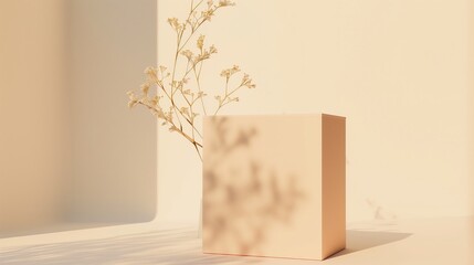 Decorative podiums and blooming branch on beige background