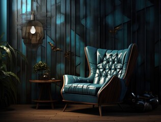 Fototapeta na wymiar a blue armchair beside a wooden wall