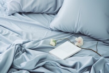 a book is on a bed set with blue sheets