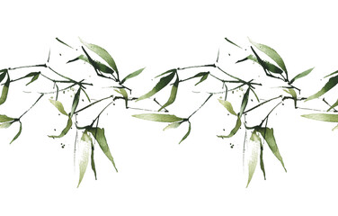 Watercolor hand painted exotic greenery seamless border frame. Green bamboo branches, leaves and twigs. Watercolour template design.