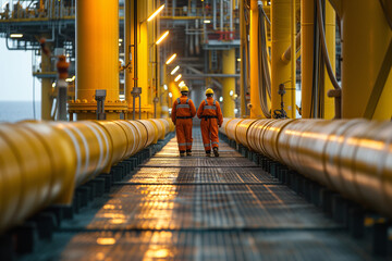 Two oil rig workers in reflective safety gear engage in a discussion while walking through a complex industrial setting.