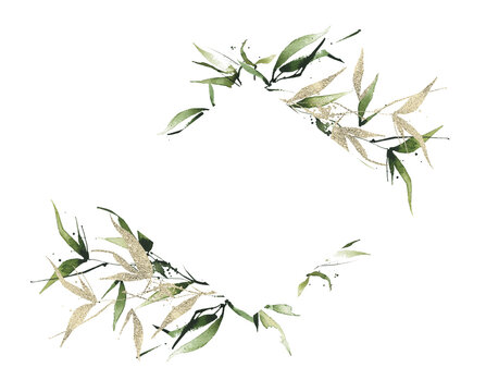Watercolor hand painted exotic greenery horizontal rhombus frame. Green and golden texture bamboo branches, leaves and twigs. Watercolour template design.