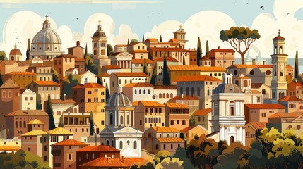 beautiful illustration of the streets of Italy with basilicas at sunset in high resolution and high quality