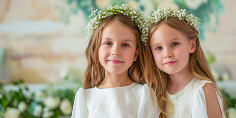 little girls on white dress and and wreath on first holy communion - obrazy, fototapety, plakaty