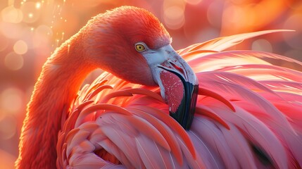 Flamingo with wing feathers, Close up
