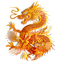Paper Cut Style of Golden Chinese Dragon on Transparent Background PNG