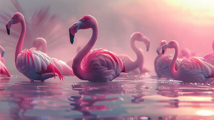 Flock of Pink Caribbean flamingos in water. digital art
 - Powered by Adobe