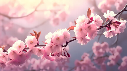 Cherry blossoms in full bloom create a soft and dreamy atmosphere