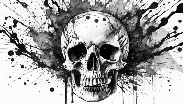 Human skull with dynamic black ink splatters in the midst of disintegration on white background
