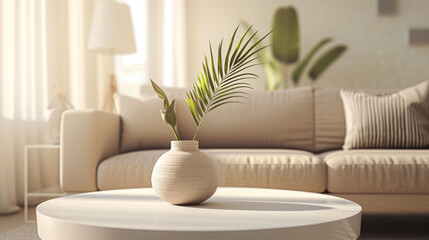 Modern living room interior beige sofa tropical plants in minimalist modern ceramic vase