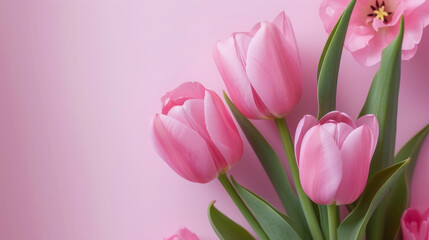 Spring flowers banner pink tulips on pink background