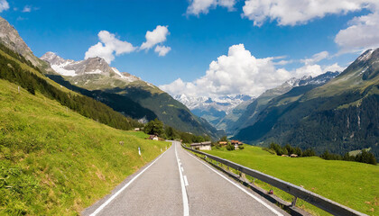 Road through alpine landscape leading to Klaussen Pass, Switzerland