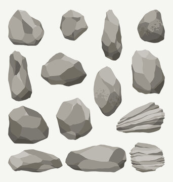 Rock stones or debris of mountain. Gravel, gray stone. Collection of various shapes, pieces of fossil stone. Polygonal shapes set. Game decoration elements