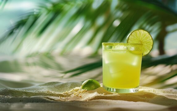 limoncello and rum cocktail with lime on a piece of sand