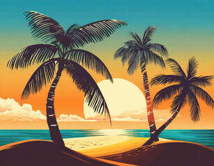 Tropical Sunset beach scene with palm trees. Vintage retro poster