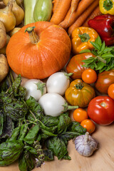 Сlose-up shot of various fresh vegetables, displaying a rich array of colors and textures. There’s an assortment of leafy greens and herbs interspersed among the other vegetables,