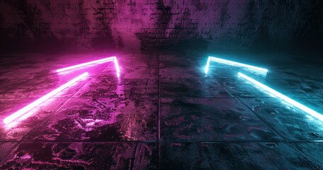 neon light arrows on a concrete floor with pink and purple lamps