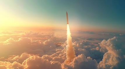 Hypersonic missile. A combat rocket is flying above the clouds. Missile attack, air attack, war, missile strike.