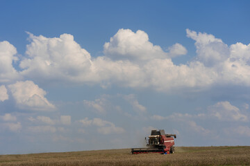 Naklejka premium Сombine harvester working in a field under a sky filled with fluffy clouds. The machine is in the process of harvesting crops, and there’s dust being kicked up around it, indicating its operation. 