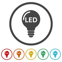 LED light bulb icon. Set icons in color circle buttons